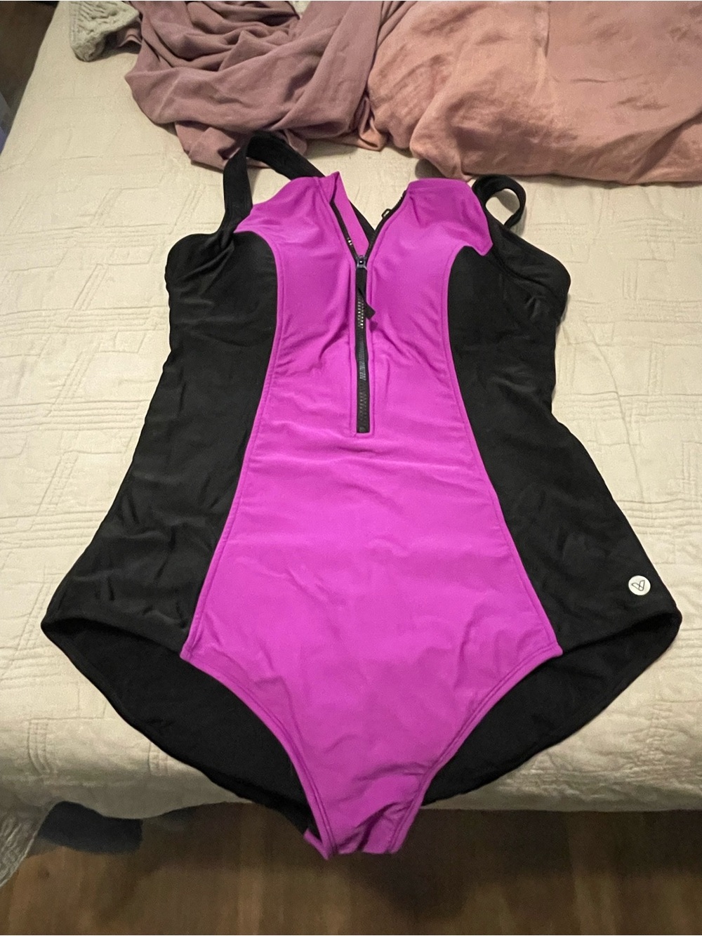 Lane Bryant Livi sport  Black & purple One-Piece Zip Front Swim Suit